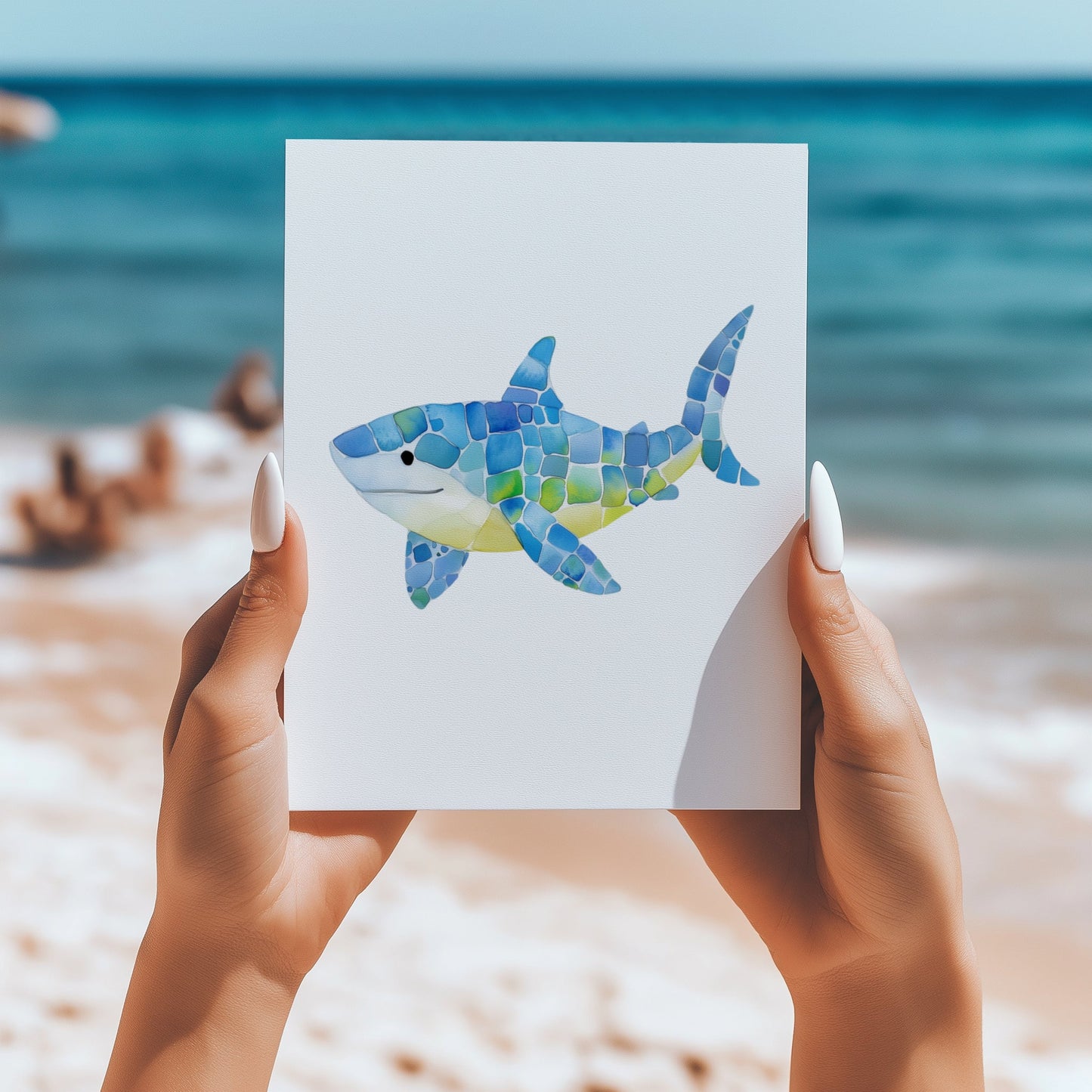Seaglass mosaic shark 5x7 card - Latitudes Designs