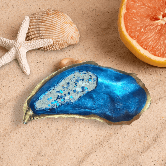 Mermaid Trash blue mix oyster shells large decorated 5 to 6 inches long - Latitudes Designs