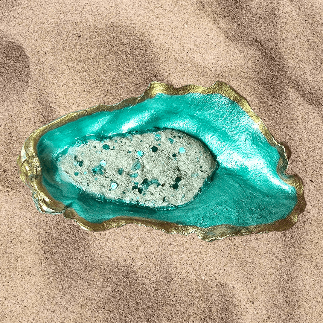 Mermaid Trash green mix oyster shells large decorated 5 to 6 inches long - Latitudes Designs