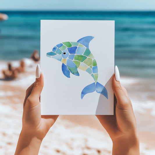 Seaglass mosaic dolphin 5x7 card - Latitudes Designs