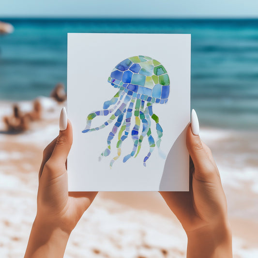Seaglass mosaic jellyfish 5x7 card - Latitudes Designs