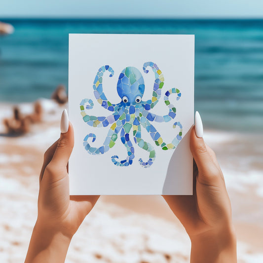 Seaglass mosaic octopus 5x7 card - Latitudes Designs