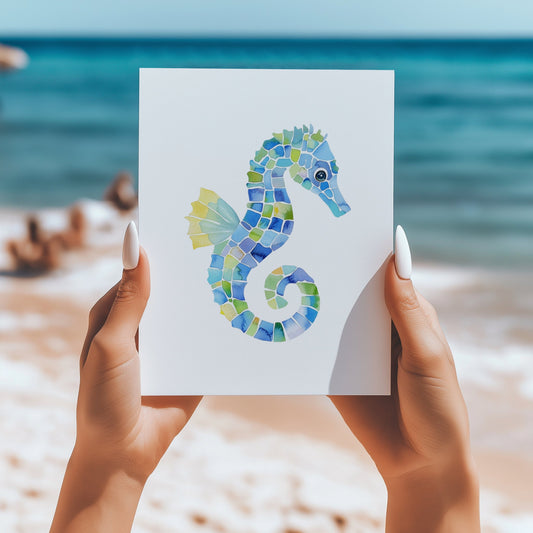 Seaglass mosaic seahorse 5x7 card - Latitudes Designs