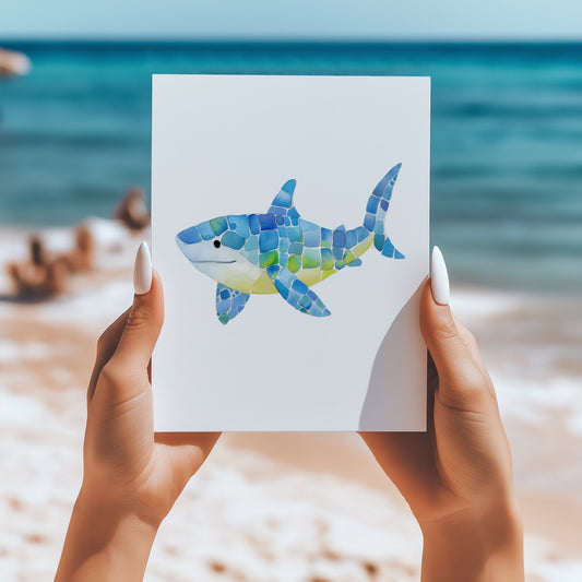 Seaglass mosaic shark 5x7 card - Latitudes Designs
