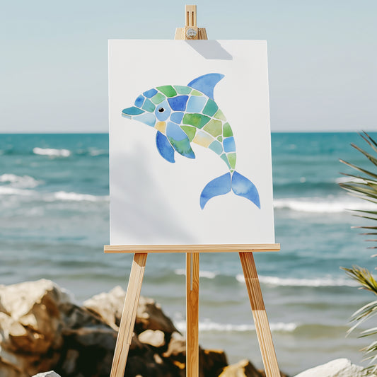Seaglass mosaic dolphin 8x10 art print